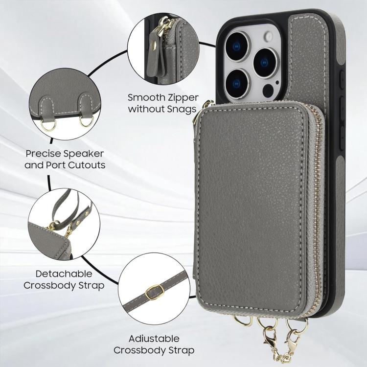 For iPhone 15 Pro AwQuer 2 in 1 Crossbody Zipper Wallet Leather Back Phone Case