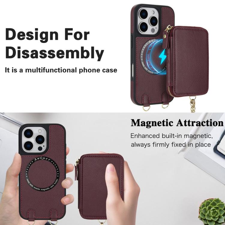 For iPhone 15 Pro AwQuer 2 in 1 Crossbody Zipper Wallet Leather Back Phone Case