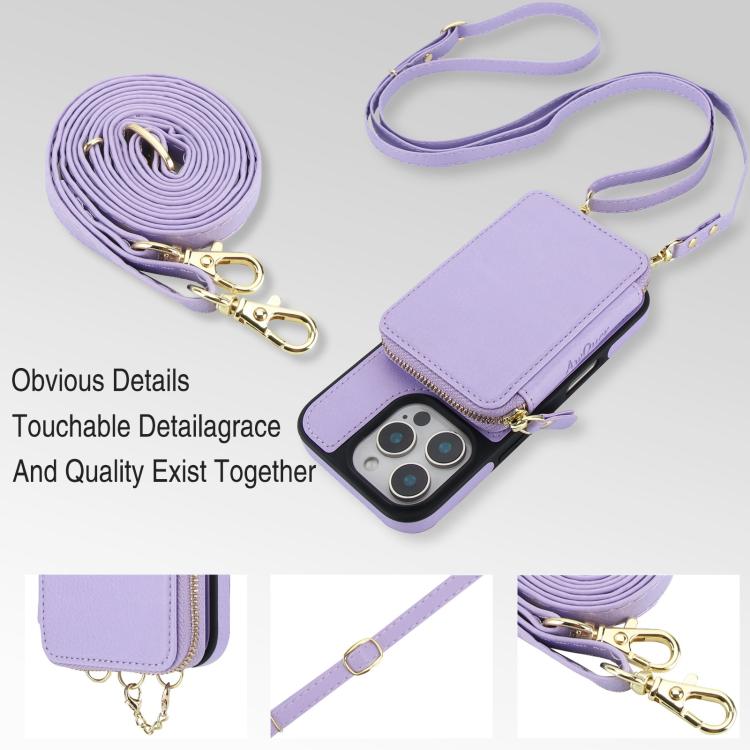 For iPhone 15 Pro AwQuer 2 in 1 Crossbody Zipper Wallet Leather Back Phone Case