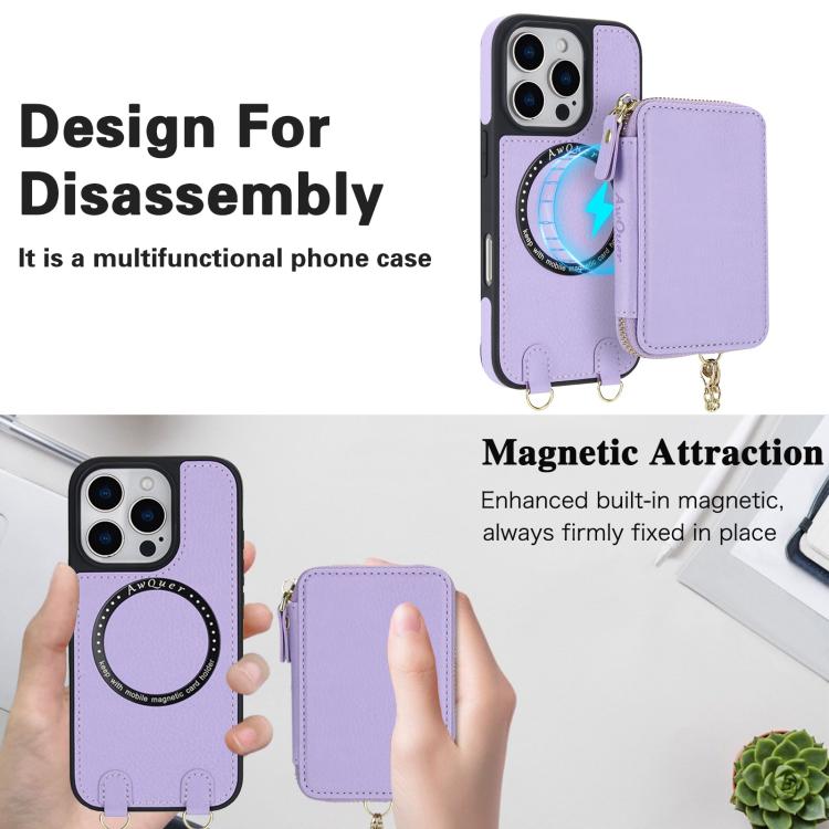 For iPhone 15 Pro AwQuer 2 in 1 Crossbody Zipper Wallet Leather Back Phone Case