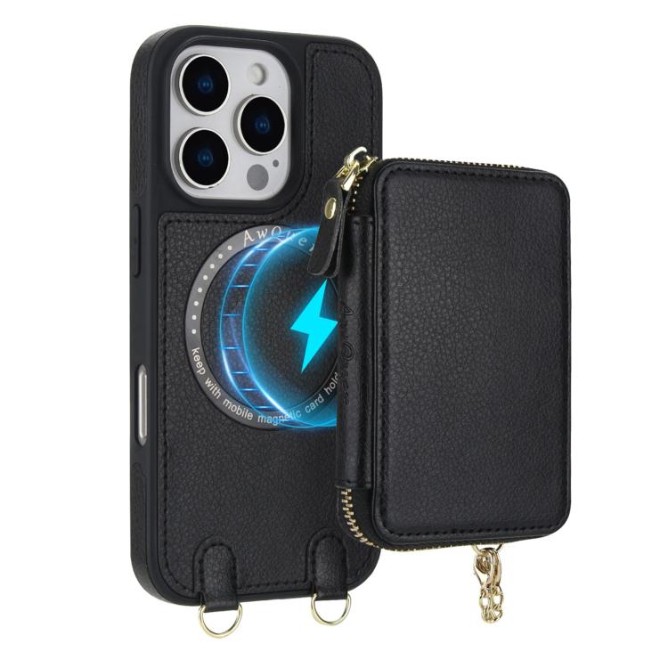 For iPhone 15 Plus AwQuer 2 in 1 Crossbody Zipper Wallet Leather Back Phone Case