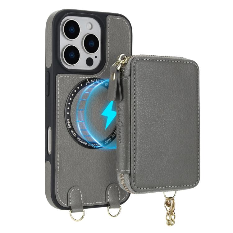 For iPhone 15 AwQuer 2 in 1 Crossbody Zipper Wallet Leather Back Phone Case