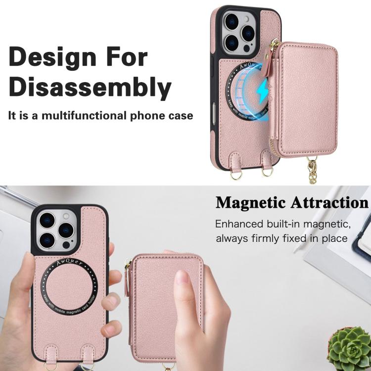 For iPhone 15 AwQuer 2 in 1 Crossbody Zipper Wallet Leather Back Phone Case