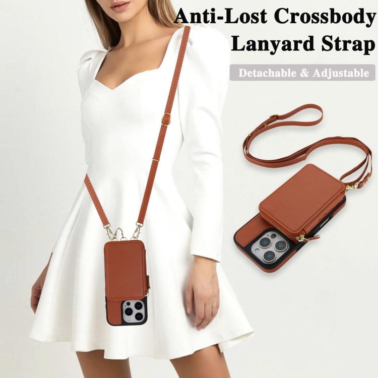 For iPhone 15 AwQuer 2 in 1 Crossbody Zipper Wallet Leather Back Phone Case