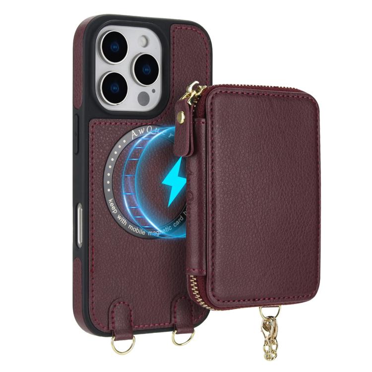 For iPhone 14 / 13 AwQuer 2 in 1 Crossbody Zipper Wallet Leather Back Phone Case