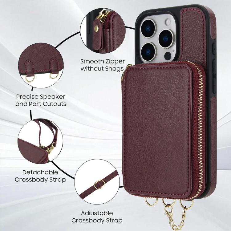 For iPhone 14 / 13 AwQuer 2 in 1 Crossbody Zipper Wallet Leather Back Phone Case