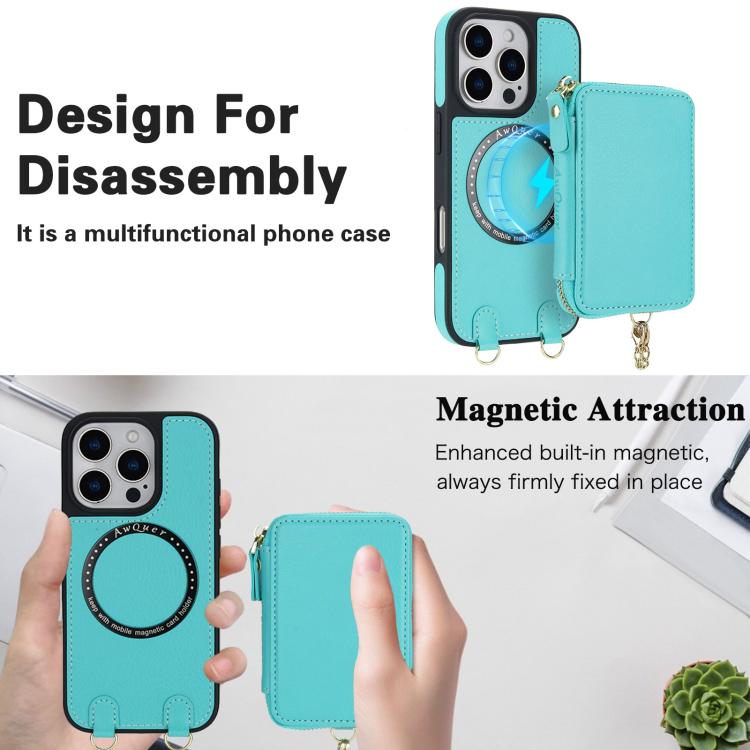 For iPhone 14 / 13 AwQuer 2 in 1 Crossbody Zipper Wallet Leather Back Phone Case