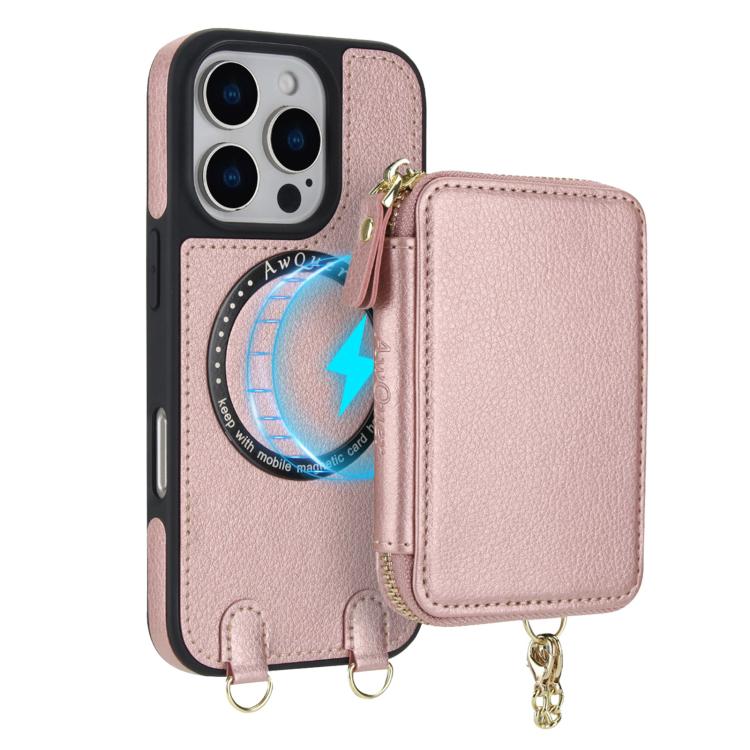 For iPhone 14 / 13 AwQuer 2 in 1 Crossbody Zipper Wallet Leather Back Phone Case