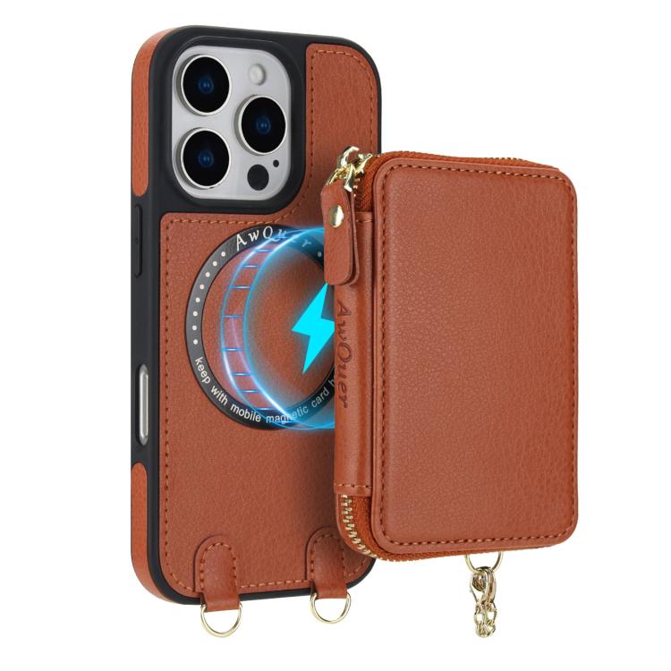 For iPhone 14 / 13 AwQuer 2 in 1 Crossbody Zipper Wallet Leather Back Phone Case