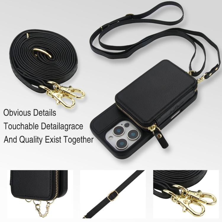For iPhone 14 Pro Max AwQuer 2 in 1 Crossbody Zipper Wallet Leather Back Phone Case