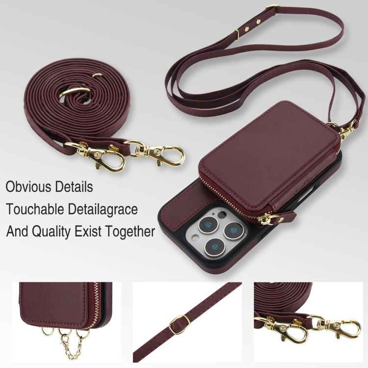 For iPhone 13 Pro AwQuer 2 in 1 Crossbody Zipper Wallet Leather Back Phone Case
