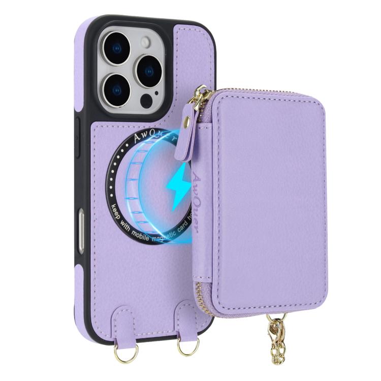 For iPhone 13 Pro AwQuer 2 in 1 Crossbody Zipper Wallet Leather Back Phone Case