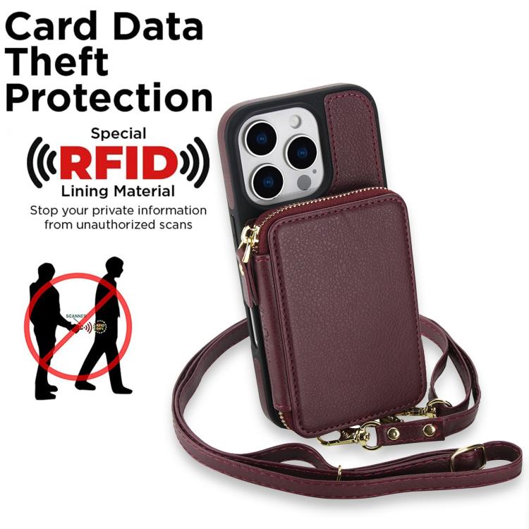 For iPhone 12 / 12 Pro AwQuer 2 in 1 Crossbody Zipper Wallet Leather Back Phone Case