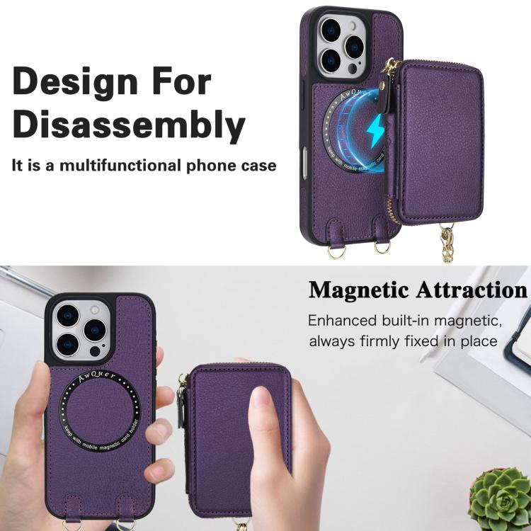 For iPhone 12 / 12 Pro AwQuer 2 in 1 Crossbody Zipper Wallet Leather Back Phone Case