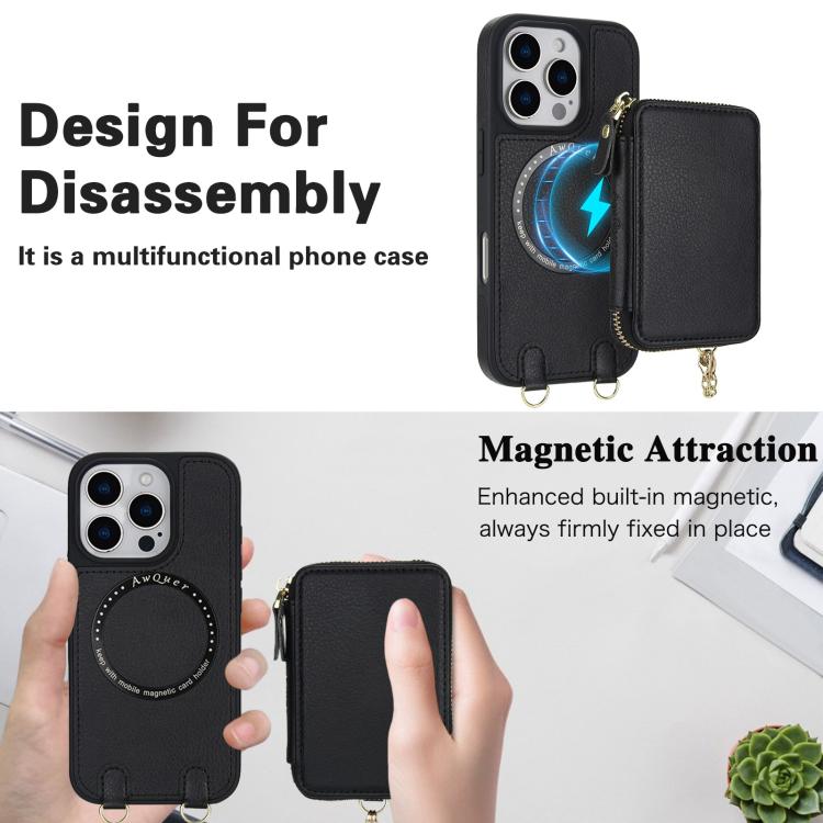 For iPhone 12 Pro Max AwQuer 2 in 1 Crossbody Zipper Wallet Leather Back Phone Case