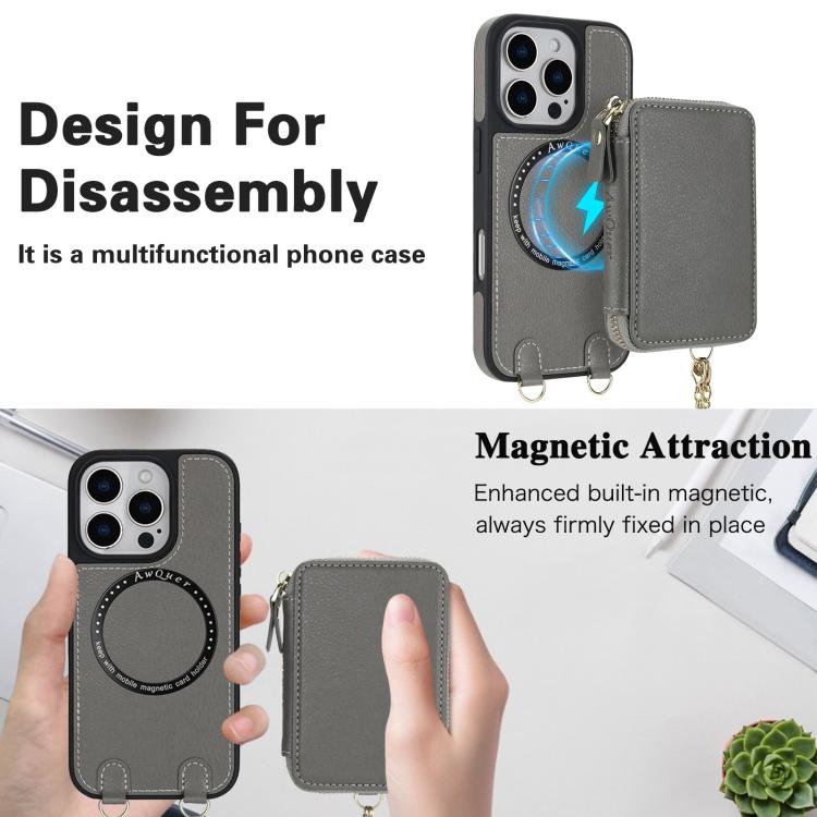 For iPhone 12 Pro Max AwQuer 2 in 1 Crossbody Zipper Wallet Leather Back Phone Case