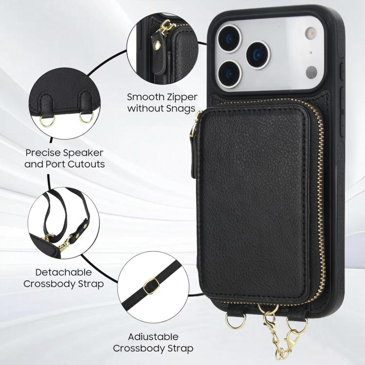 For iPhone 17 Pro Max AwQuer 2 in 1 Crossbody Zipper Wallet Leather Back Phone Case