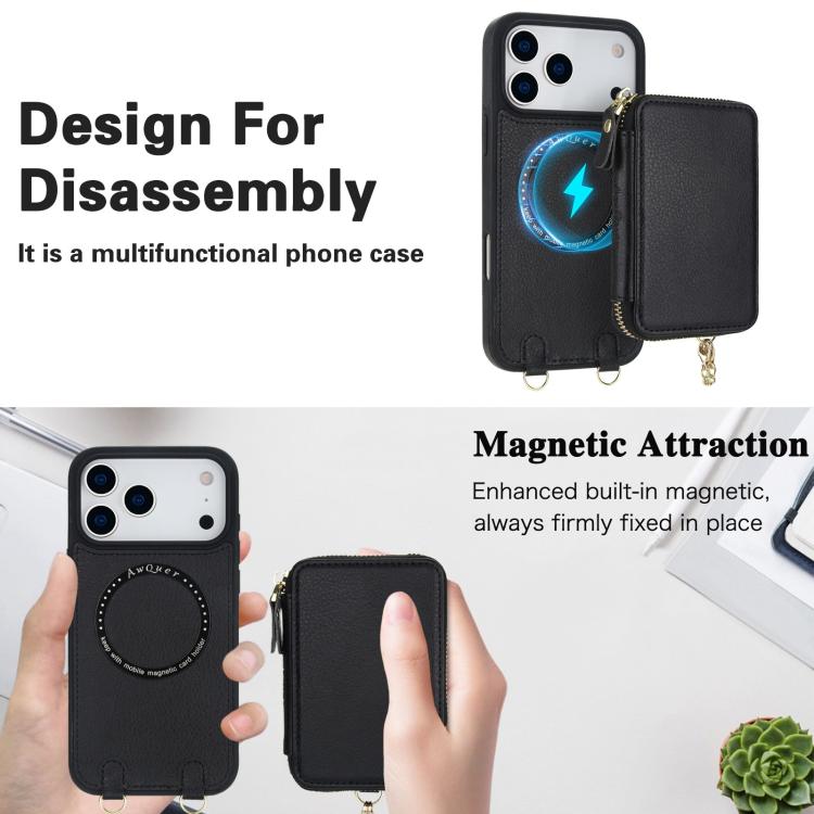 For iPhone 17 Pro Max AwQuer 2 in 1 Crossbody Zipper Wallet Leather Back Phone Case
