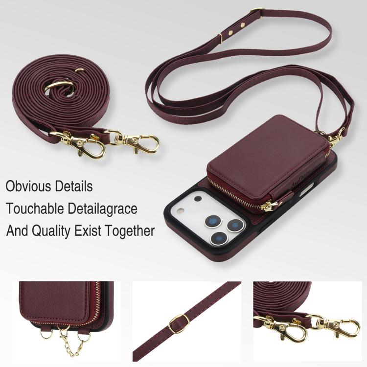 For iPhone 17 Pro Max AwQuer 2 in 1 Crossbody Zipper Wallet Leather Back Phone Case