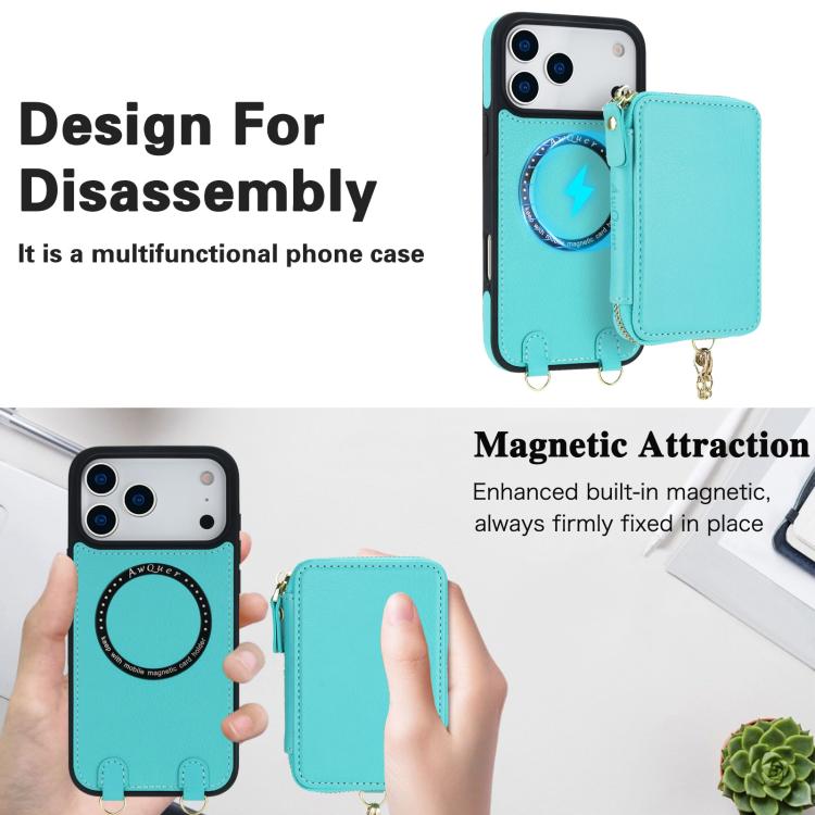 For iPhone 17 Pro Max AwQuer 2 in 1 Crossbody Zipper Wallet Leather Back Phone Case