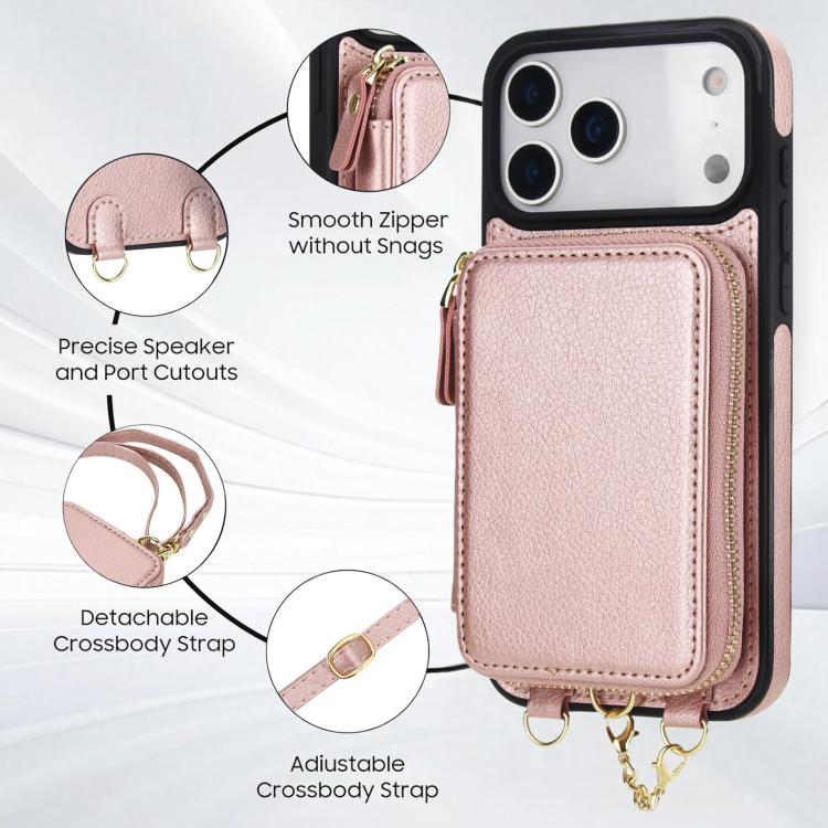 For iPhone 17 Pro Max AwQuer 2 in 1 Crossbody Zipper Wallet Leather Back Phone Case