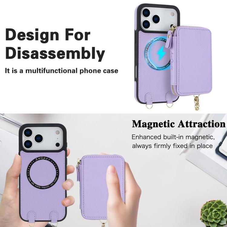 For iPhone 17 Pro Max AwQuer 2 in 1 Crossbody Zipper Wallet Leather Back Phone Case