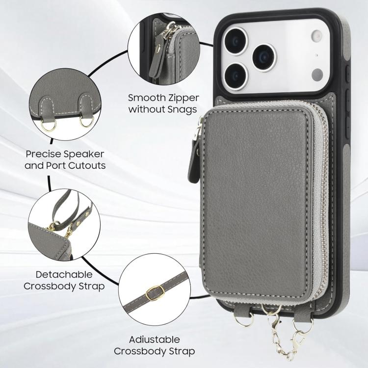 For iPhone 17 Pro AwQuer 2 in 1 Crossbody Zipper Wallet Leather Back Phone Case