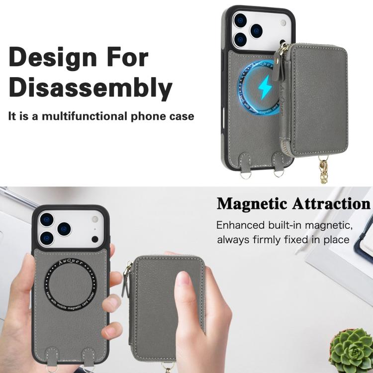 For iPhone 17 Pro AwQuer 2 in 1 Crossbody Zipper Wallet Leather Back Phone Case