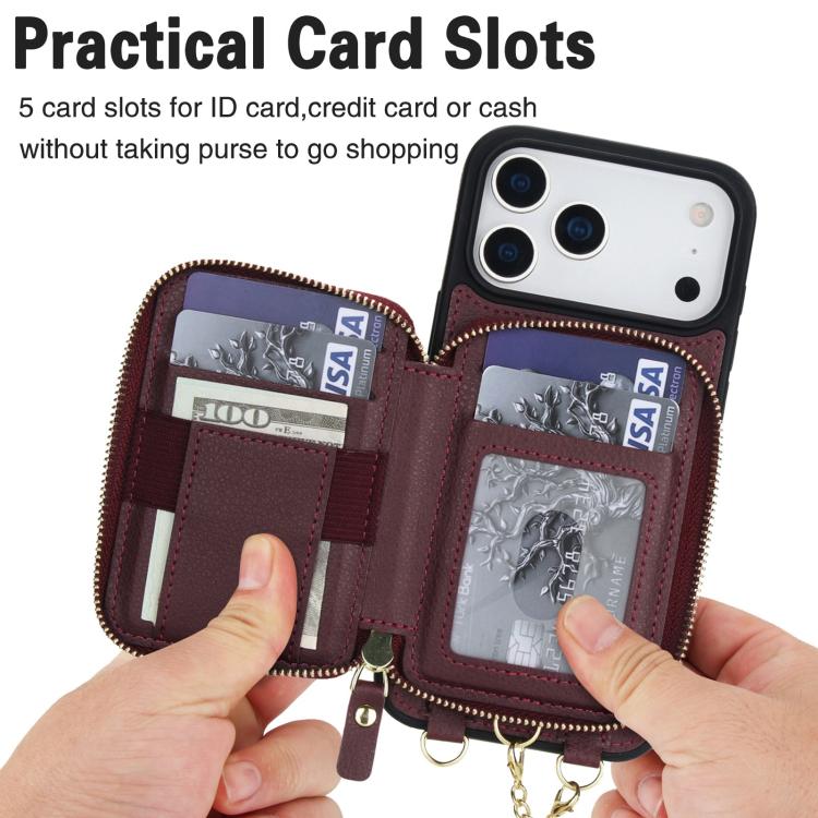 For iPhone 17 Pro AwQuer 2 in 1 Crossbody Zipper Wallet Leather Back Phone Case