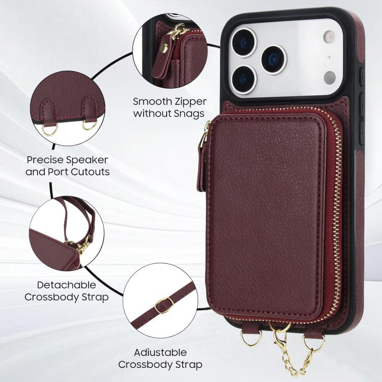 For iPhone 17 Pro AwQuer 2 in 1 Crossbody Zipper Wallet Leather Back Phone Case