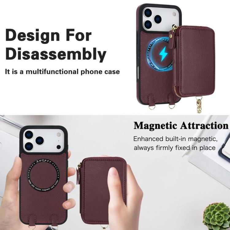 For iPhone 17 Pro AwQuer 2 in 1 Crossbody Zipper Wallet Leather Back Phone Case