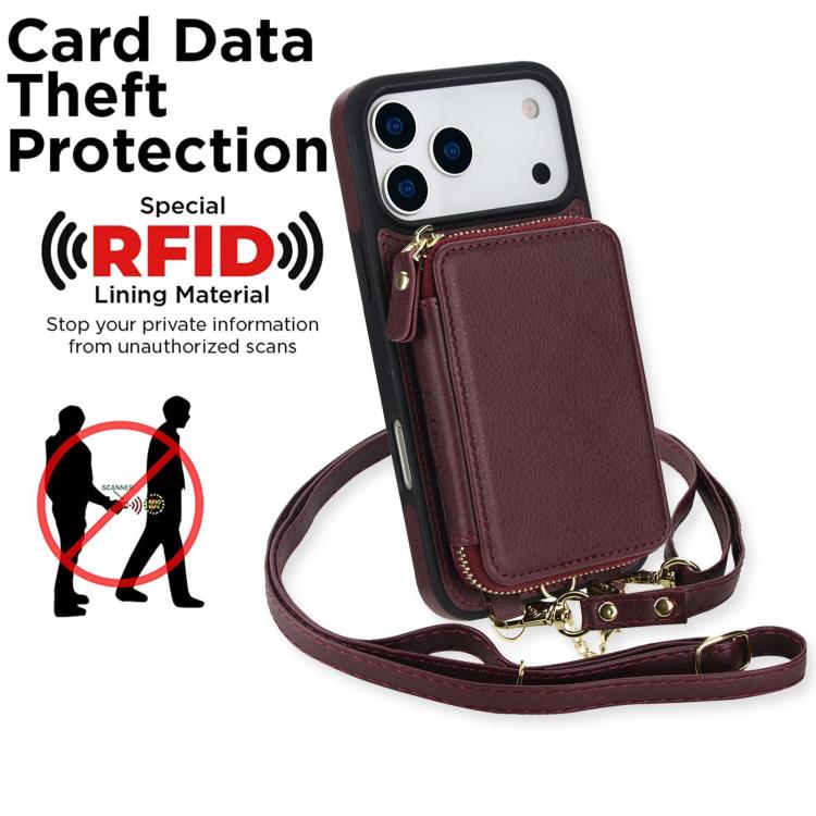 For iPhone 17 Pro AwQuer 2 in 1 Crossbody Zipper Wallet Leather Back Phone Case