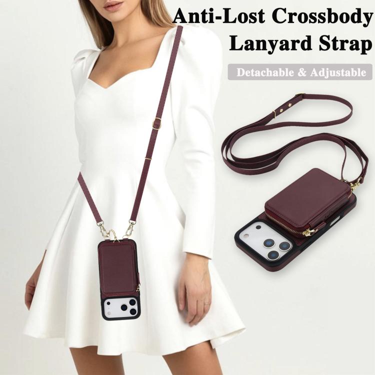 For iPhone 17 Pro AwQuer 2 in 1 Crossbody Zipper Wallet Leather Back Phone Case