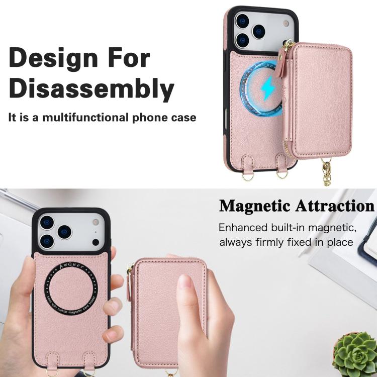 For iPhone 17 Pro AwQuer 2 in 1 Crossbody Zipper Wallet Leather Back Phone Case