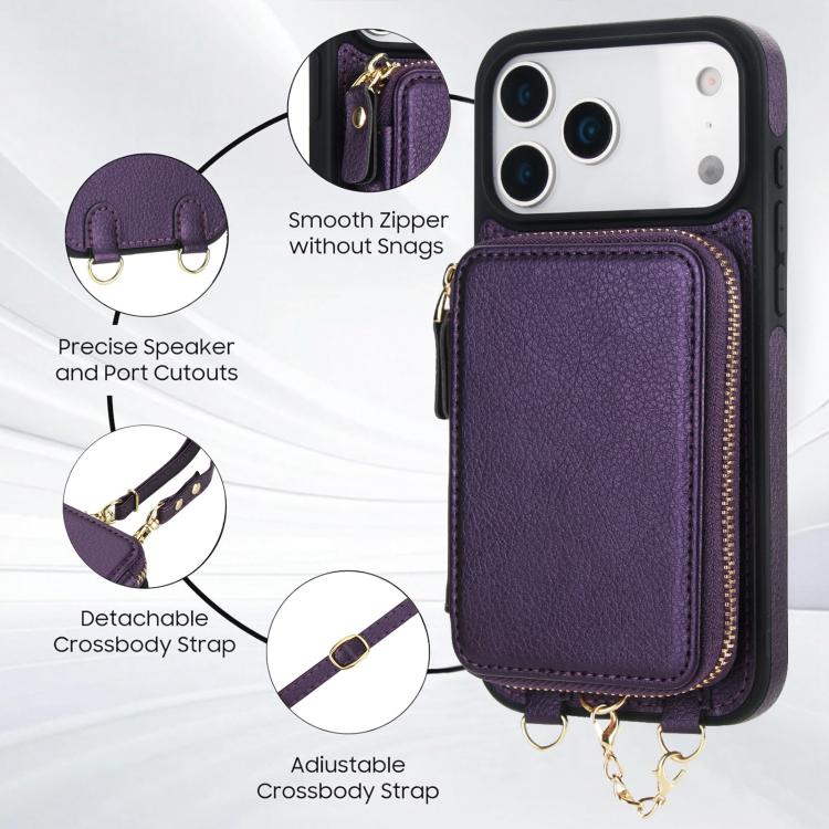 For iPhone 17 Pro AwQuer 2 in 1 Crossbody Zipper Wallet Leather Back Phone Case