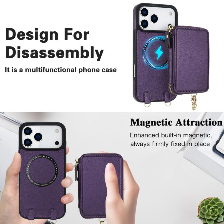 For iPhone 17 Pro AwQuer 2 in 1 Crossbody Zipper Wallet Leather Back Phone Case