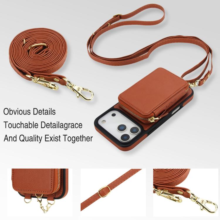 For iPhone 17 Pro AwQuer 2 in 1 Crossbody Zipper Wallet Leather Back Phone Case