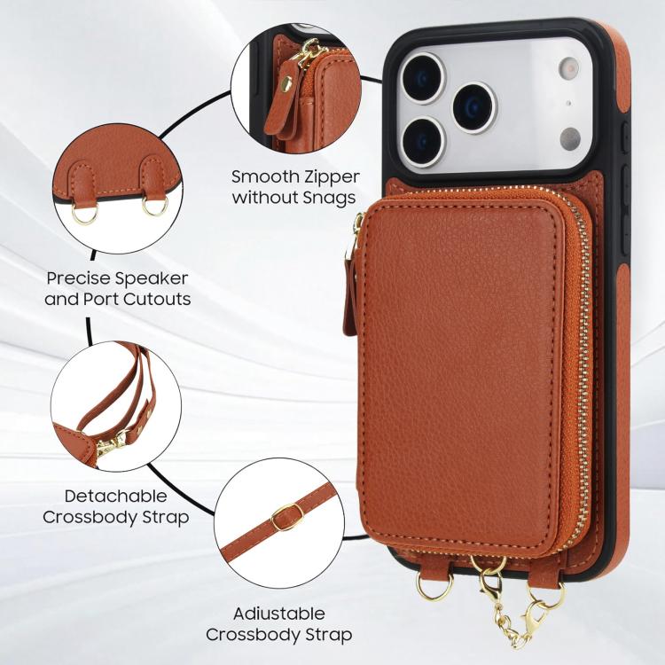 For iPhone 17 Pro AwQuer 2 in 1 Crossbody Zipper Wallet Leather Back Phone Case