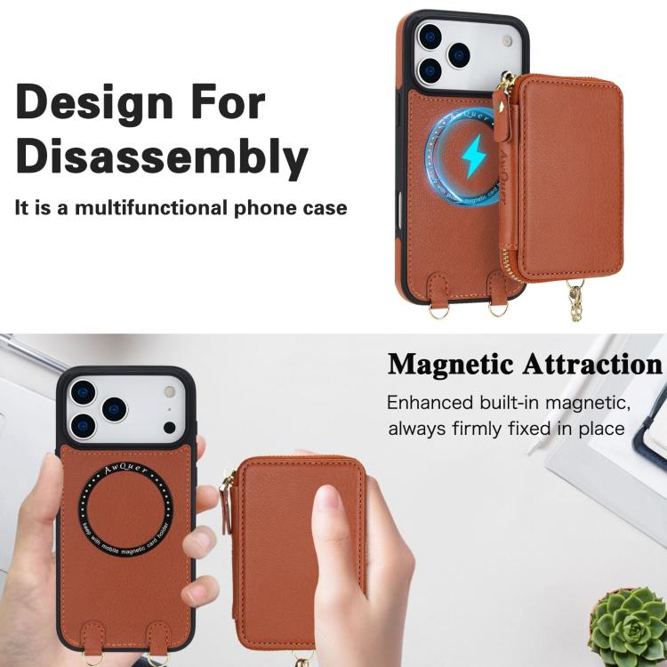 For iPhone 17 Pro AwQuer 2 in 1 Crossbody Zipper Wallet Leather Back Phone Case