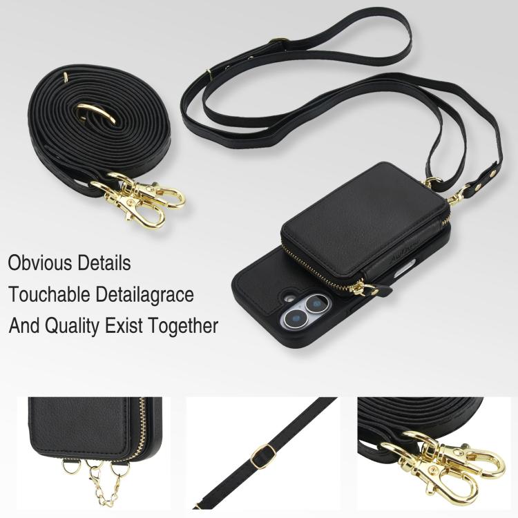 For iPhone 17 AwQuer 2 in 1 Crossbody Zipper Wallet Leather Back Phone Case