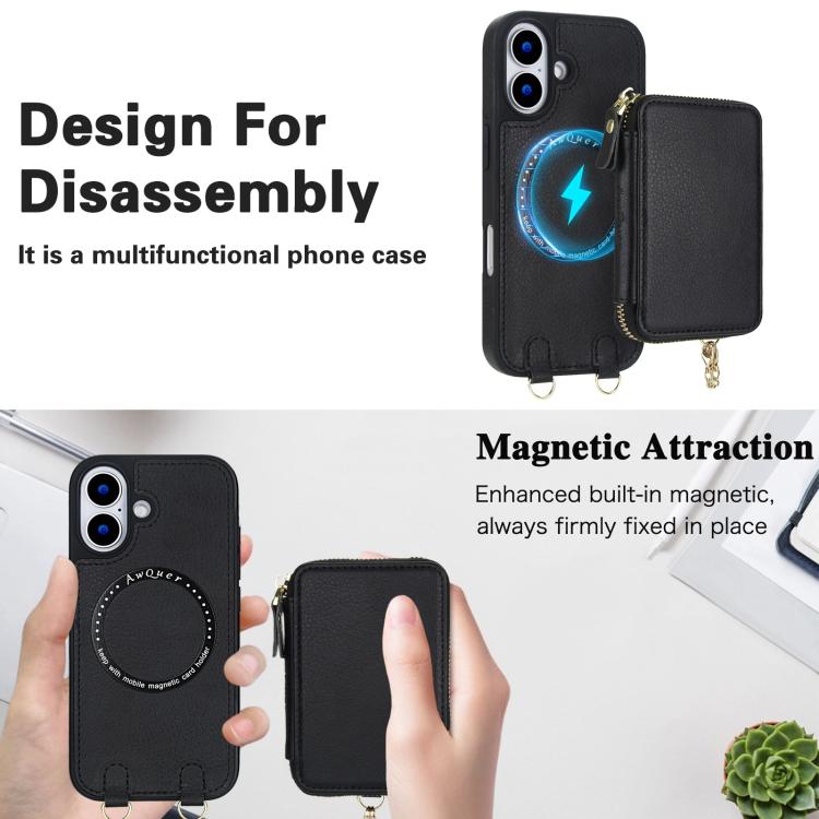 For iPhone 17 AwQuer 2 in 1 Crossbody Zipper Wallet Leather Back Phone Case