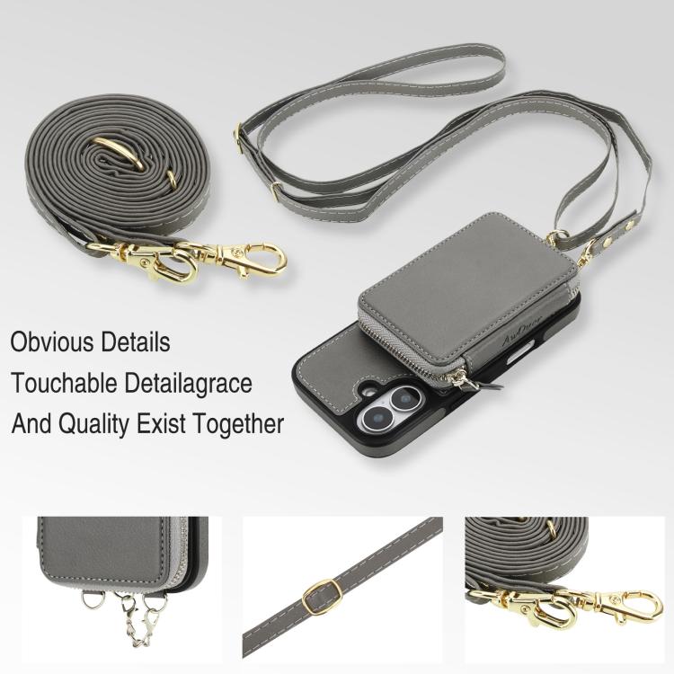 For iPhone 17 AwQuer 2 in 1 Crossbody Zipper Wallet Leather Back Phone Case