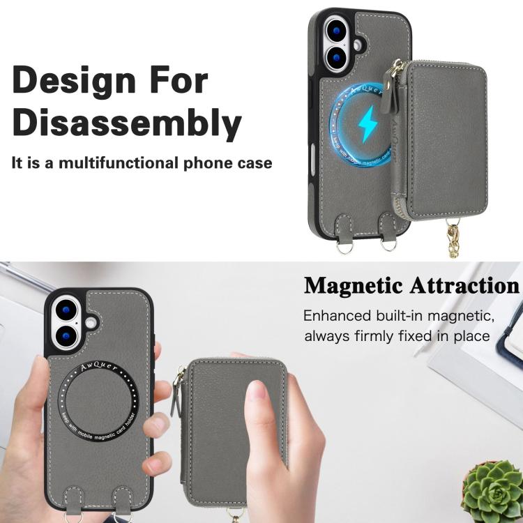 For iPhone 17 AwQuer 2 in 1 Crossbody Zipper Wallet Leather Back Phone Case