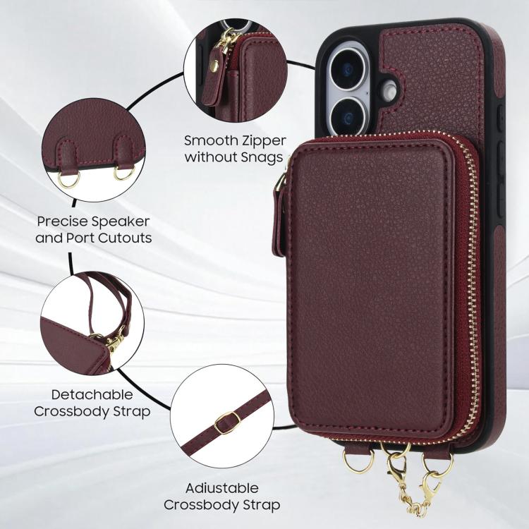 For iPhone 17 AwQuer 2 in 1 Crossbody Zipper Wallet Leather Back Phone Case