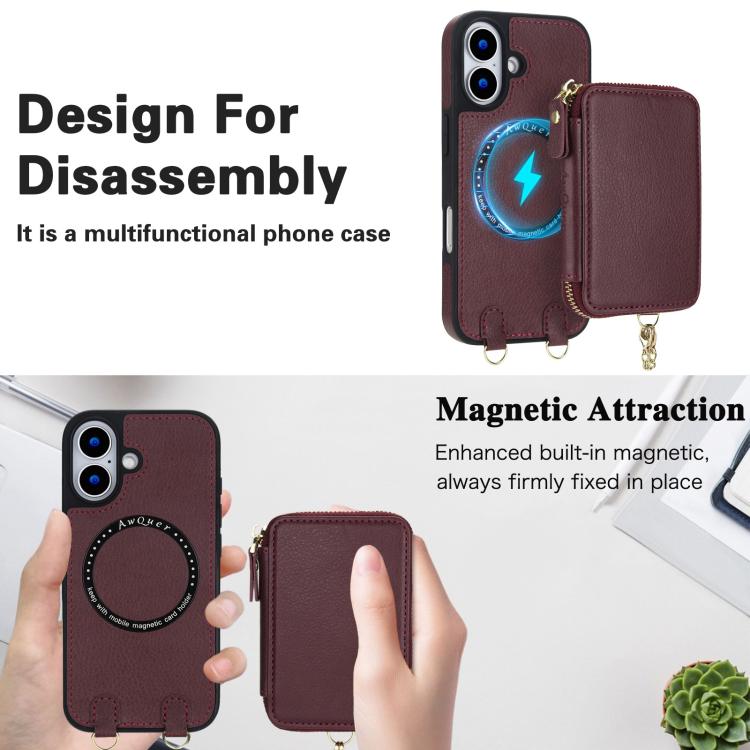 For iPhone 17 AwQuer 2 in 1 Crossbody Zipper Wallet Leather Back Phone Case