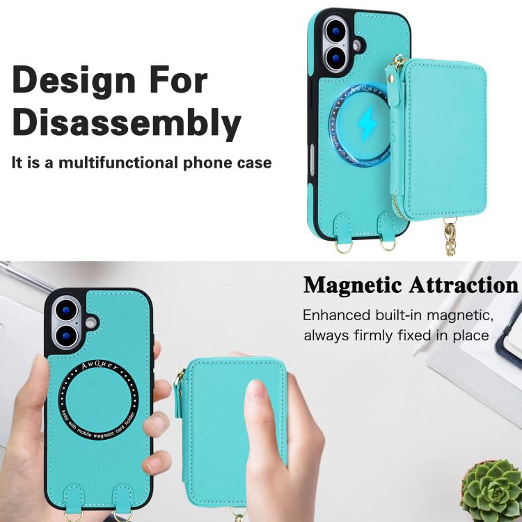 For iPhone 17 AwQuer 2 in 1 Crossbody Zipper Wallet Leather Back Phone Case