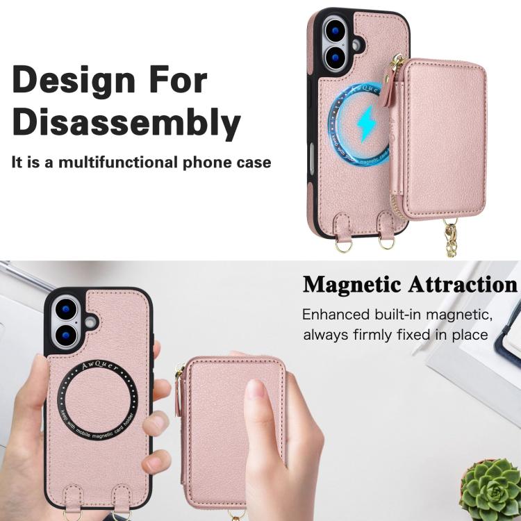 For iPhone 17 AwQuer 2 in 1 Crossbody Zipper Wallet Leather Back Phone Case