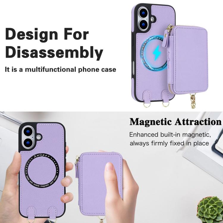 For iPhone 17 AwQuer 2 in 1 Crossbody Zipper Wallet Leather Back Phone Case