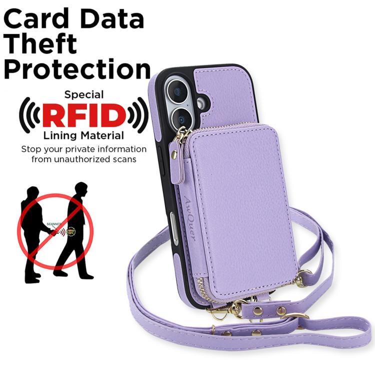 For iPhone 17 AwQuer 2 in 1 Crossbody Zipper Wallet Leather Back Phone Case
