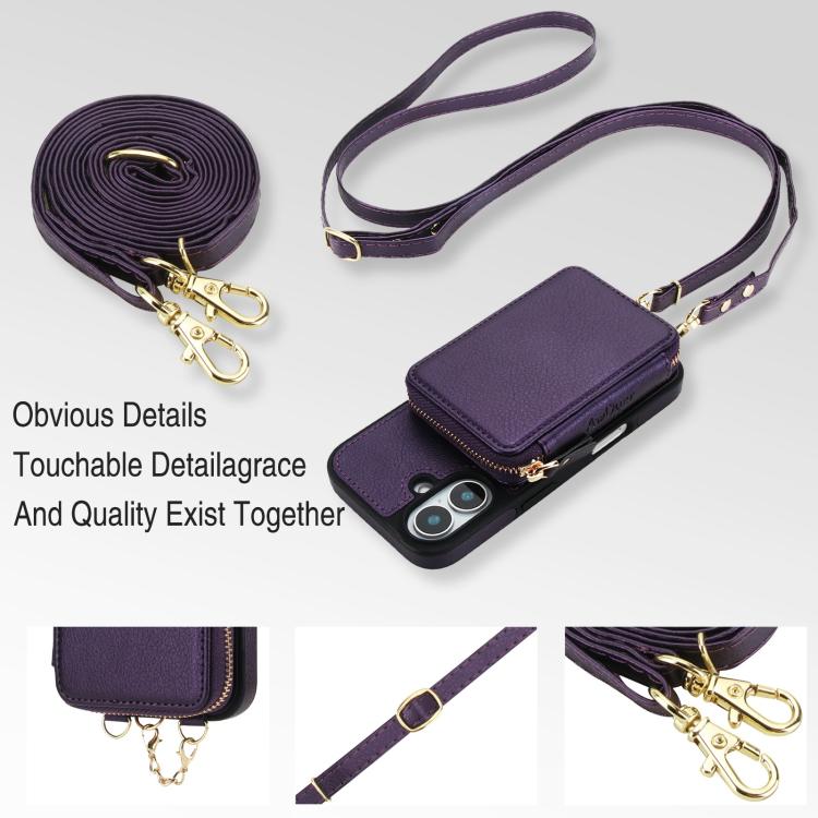 For iPhone 17 AwQuer 2 in 1 Crossbody Zipper Wallet Leather Back Phone Case